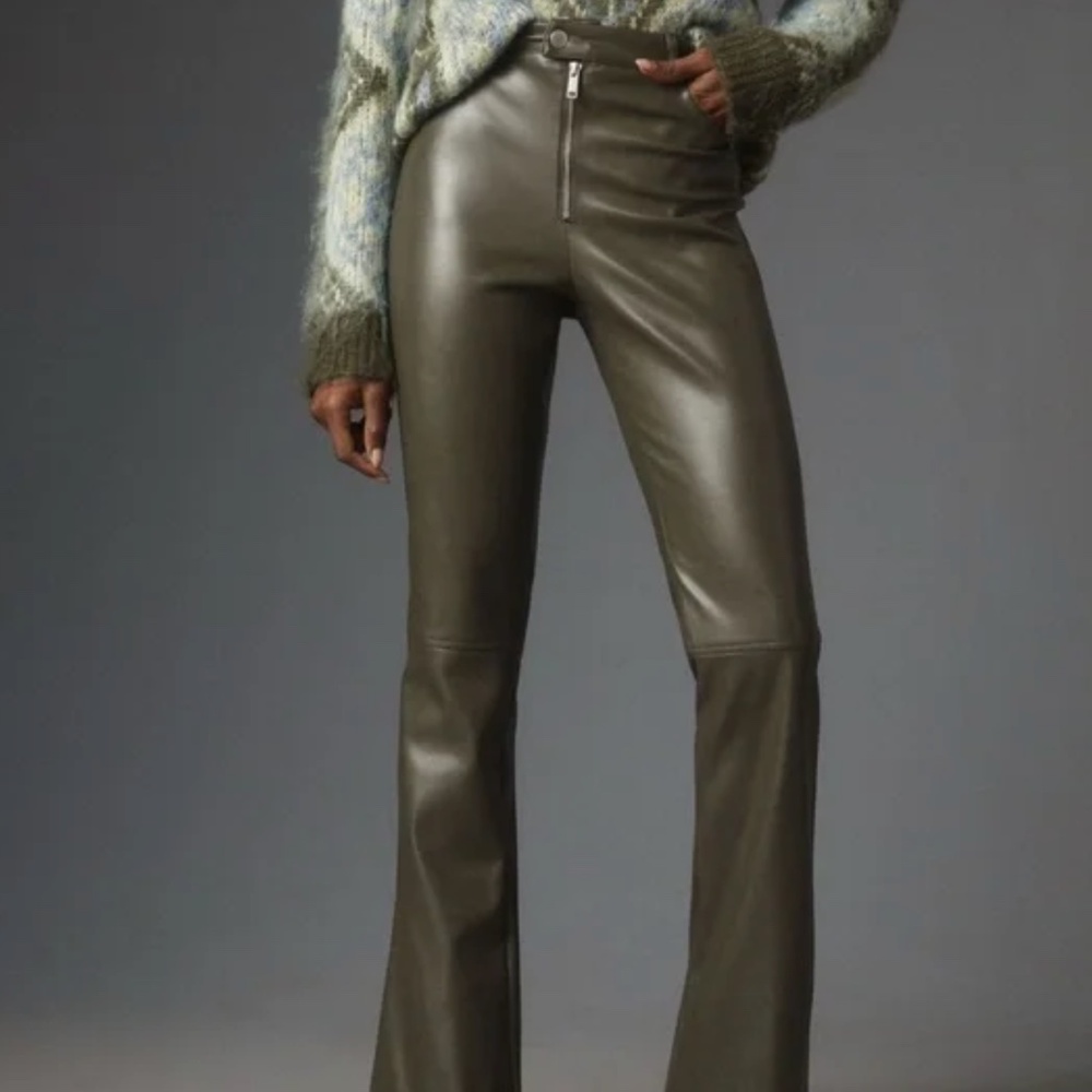 Anthropologie Avec Les Filles Women's Olive Vegan Leather Kick Flare Pants